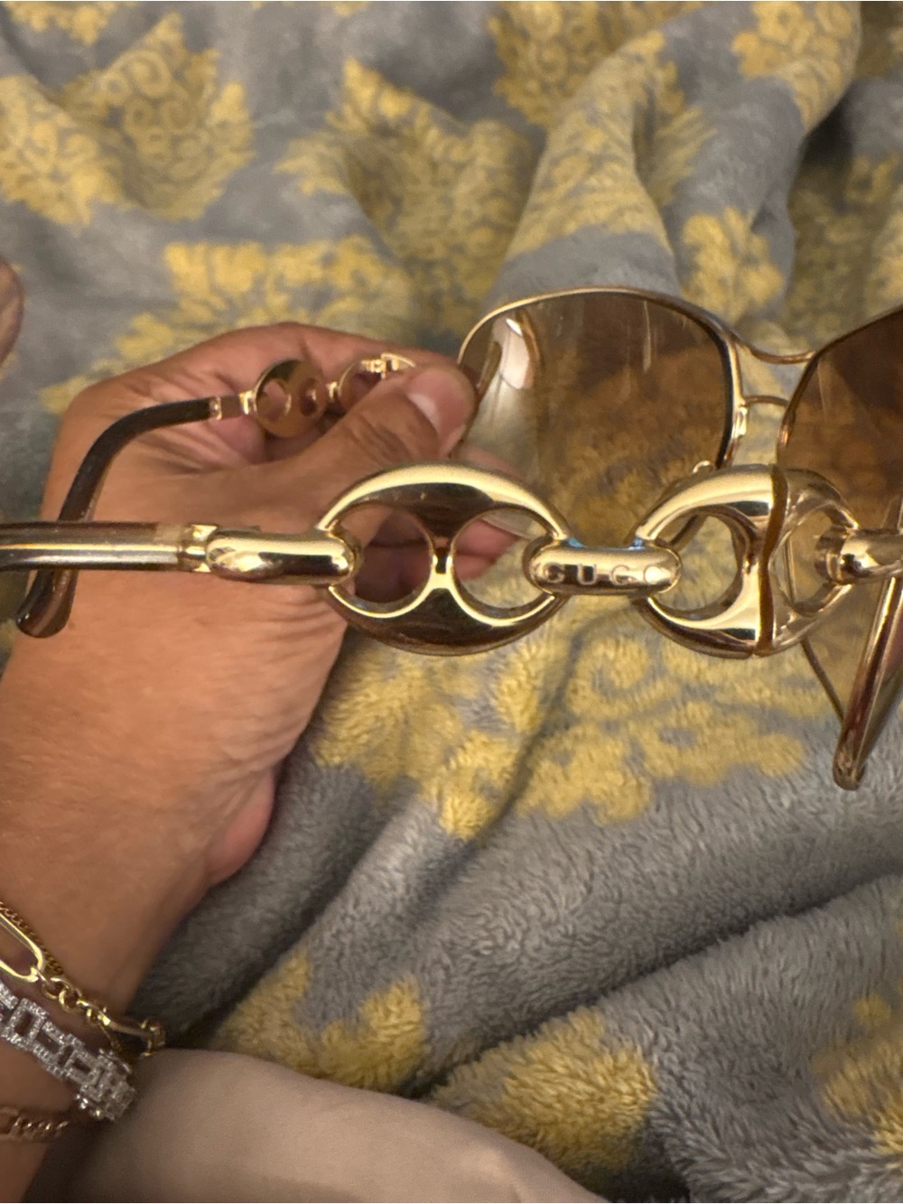 Gucci Gold Chain-Link Sunglasses with Brown Lenses